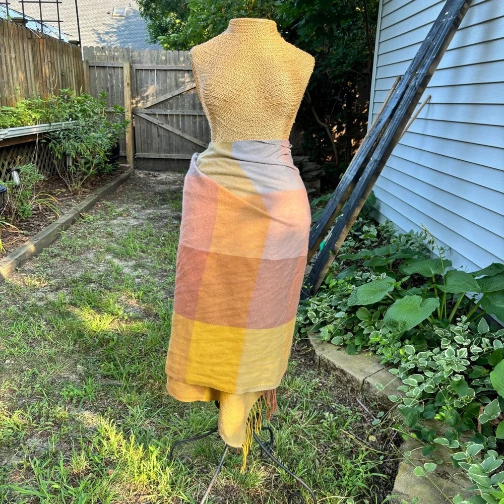 Oversized Plaid‎ Blanket Scarf Wrap Shawl Fringed Yellow Peach Grey